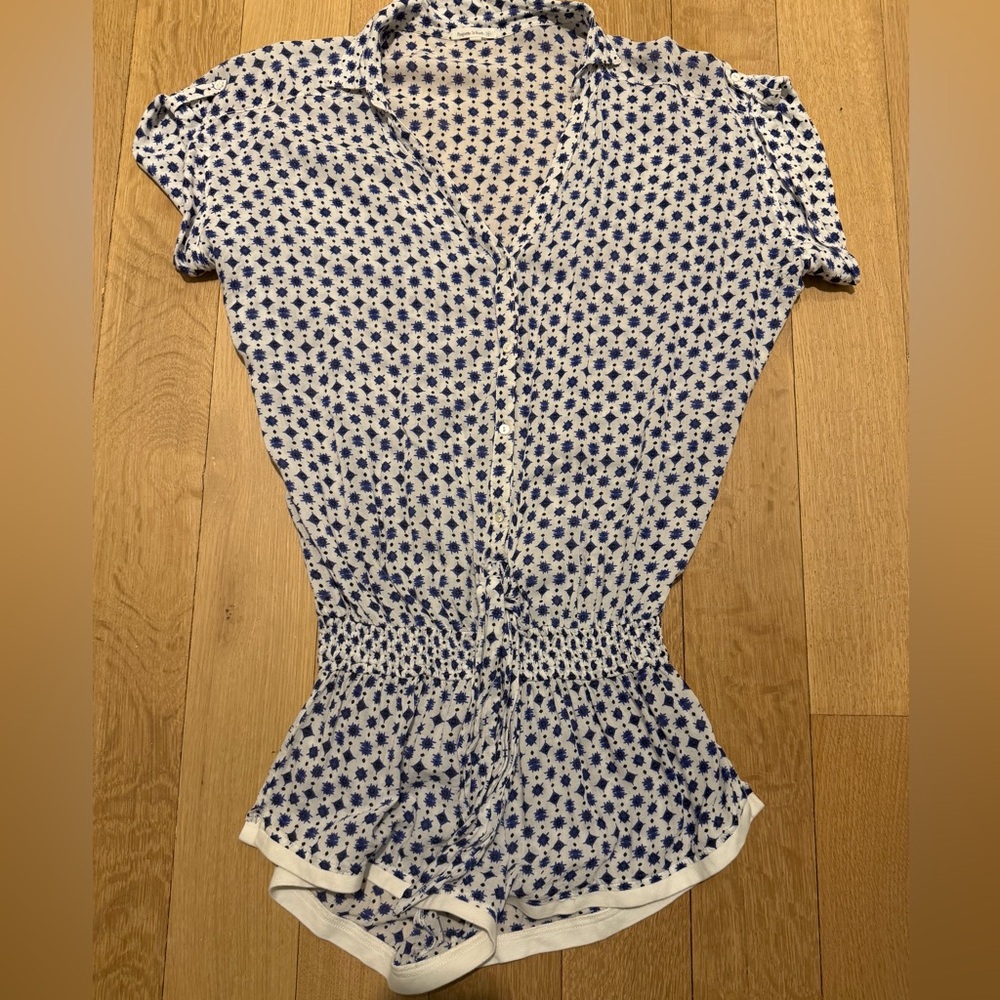 Poupette St. Barth White and Blue Short Sleeved Shorts Romper Small